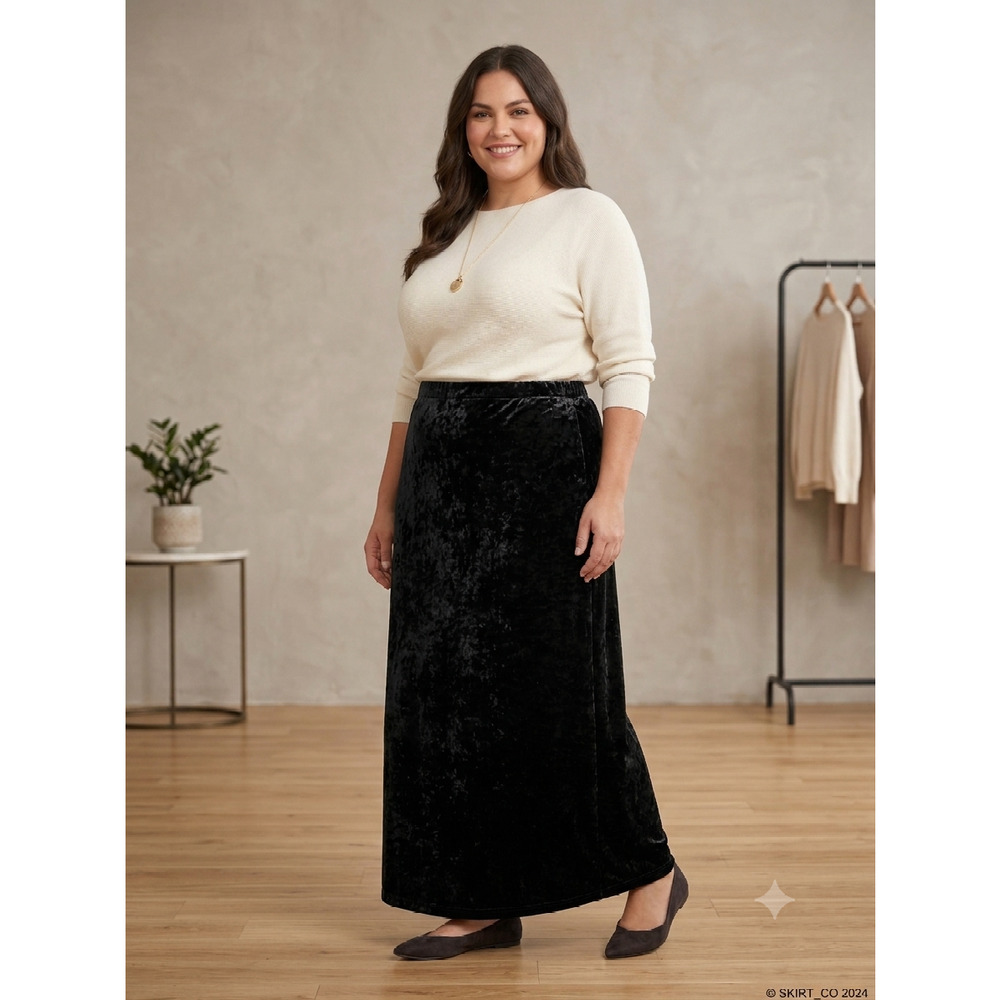 Vintage Adamo Black Velvet Long Maxi Pull- on Skirt Women 2x Holiday